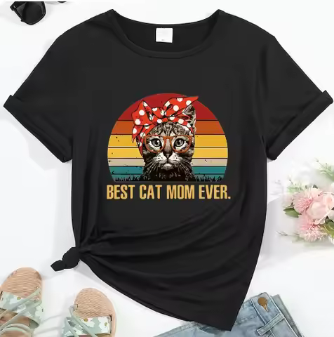 Women's T-shirt Best Cat Mom Ever Pattern Print Round Neck Casual Streetwear Female Clothing Top Tee
