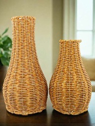1個復古花瓶,仿製藤編花瓶,手工編織花籃,適用於書架、浴室、臥室、架子、客廳、農舍、辦公室、桌面裝飾