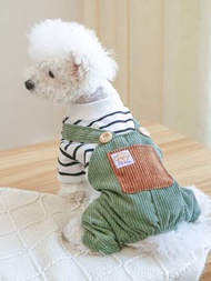 1 Pieza Ropa Para Mascotas, Mameluco Con Bolsillo Verde Caqui A Rayas Negras Y Blancas, Adecuado Para Perros Y Gatos