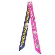 全新☆香奈兒 20P Twilly 絲巾，100% 絲，Coco 標誌圖案，粉紅色/海軍藍，原廠盒，義大利製造，女士款