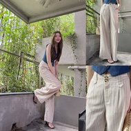 SLYQ BUTTER STRIPED LINEN PANTS กางเกงลินินขายาวลายทางสีเบจ เอวยางยืดหลัง