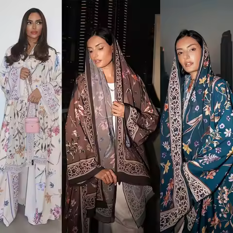 2025 Women Muslim Dress Elegant Abaya Printed Floral Abaya Dress Set Hijab Abaya With Scarf Two Piec