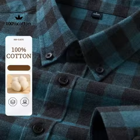 100% Cotton Flannel Shirt Men's, Plaid Casual Jacket, Anti-Wrinkle, Multi-Color Gold Quality Long-St