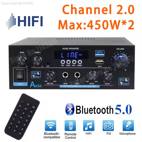 AK55 HiFi Audio Amplifier Max 900W Digital Bluetooth Sound Amplifiers Channel 2.0 Support Dual MIC F