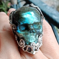拉長石骷髏頭手工銀戒純銀戒指~ 女王頭 ~Labradorite Skull Ring
