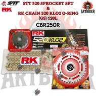 [STT SPROCKET & RK CHAIN] 520 RK KLO ORING CBR250R CBR250 SPROCKET SET WITH RK ORING GOLD/BLACK JAPA