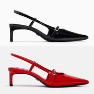 Zara2024 Spring New Product Women's Shoes Black Buckle Drawstring Open Heel Shoes Pointed Toe Belt Buckle Shallow Mouth Sandals Middle