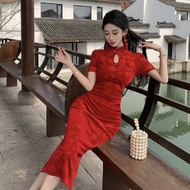 Red midi cheongsam for party | 7261