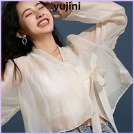 YUJINI Ice Silk Shawl, Modal V-Neck Sun Protection Cardigan, Hanfu Style Translucent Sheer Open Fron