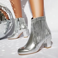 HSY34-48 Leather Boots - Thick Heel, Zipper & Tassels