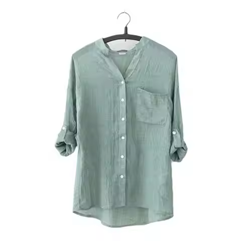 New Women's Sun-Protective Linen Shirt | Japanese Style Fresh Loose 3-Quarter Sleeve Stand-Up Collar