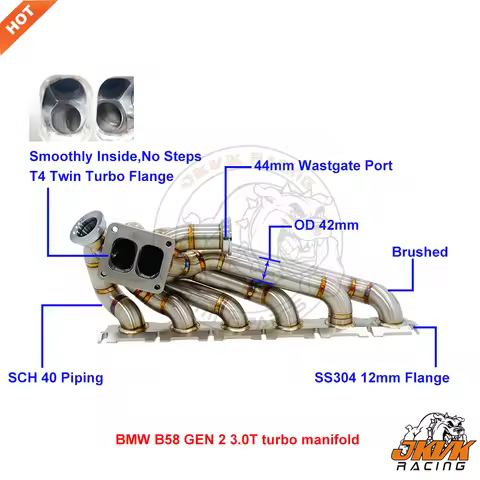 JKVK RACING 14mm T4 Twin Turbo Flange 42mm SS304 3mm Steam Pipe Turbo Manifold KITS For B MW B58 GEN