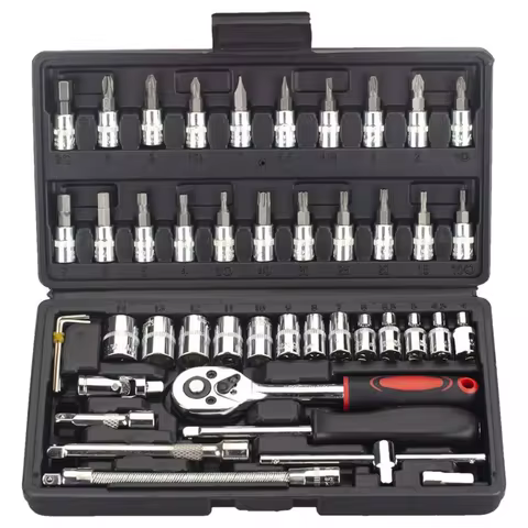 46PCS 1/4 inch Drive Socket Set,Metric Ratchet Wrench Set with 4-14mm CR-V Sockets, Mechanic Tool Ki