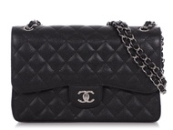 Chanel Black Quilted Caviar Jumbo Classic Double Flap Silver Hardware, 2013