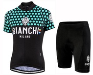 Bianchi ชุดกีฬาแขนสั้นสีเขียวระบายอากาศได้ดีของผู้หญิงชุดเสื้อเจอร์ซีย์และกางเกงขาสั้นขี่จักรยานสปอร