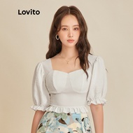 Lovito Elegant Plain Puff Sleeves Crop Top Blouse L45ED054 (White)