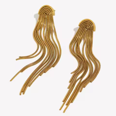 E.B.belle Classic Style Tassel Stud Earrings 18K Gold Plated Jewelry 316L Stainless Steel Waterproof