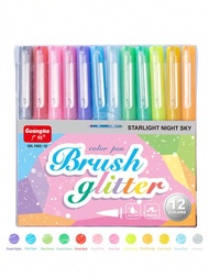 12件套 Kawaii 閃粉螢光筆 塗鴉筆 水性軟筆尖 彩色粉筆 繪畫藝術螢光筆筆記本文具