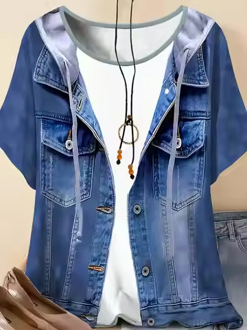 Plus size women's imitation denim casual short sleeved round neck top Western style denim style T-sh