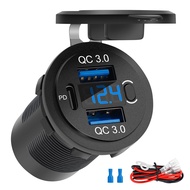 GO Auto-Quick Charging PortUSB C Car Charger Socket Dual QC3.0 18W& PD 30W with Voltmeter12V Waterpr