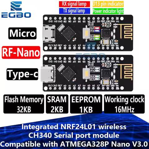 1PCS RF-Nano Nano V3.0, Micro USB Nano Board ATmega328P QFN32 5V 16M CH340, Integrate NRF24l01+2.4G 