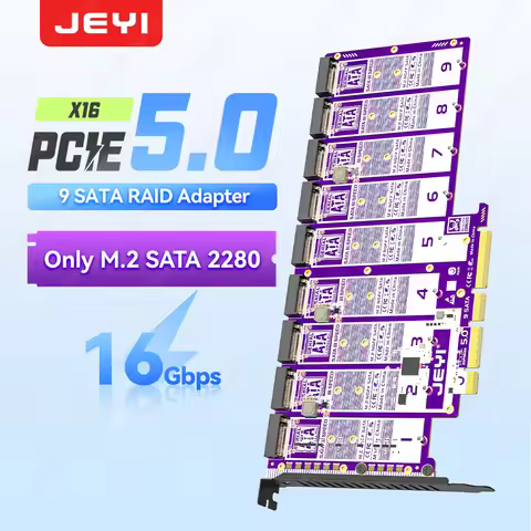 JEYI 9-Bay PCIe 5.0 to X16 M.2 SATA Adapter 16Gbps Supported 2280 NGFF SATA SSD Supports PCIe X4/X8/