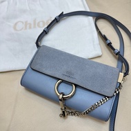 Chloe Faye mini leather wallet bag小牛皮拼接麂皮鏈帶肩背包 woc Washed Blue