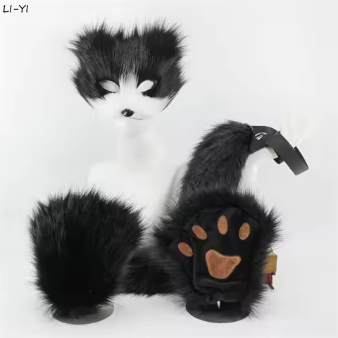 4Pcs/set Half-Face Therian Cat Mask Animal Tail Plush Mask Leaky Fingers Cat Claws Faux Therian Paws