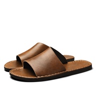 Brown Leather Slippers Men Slide Slipper Slip-on Flat Sandals Big Size 48 49 Summer Casual Shoes