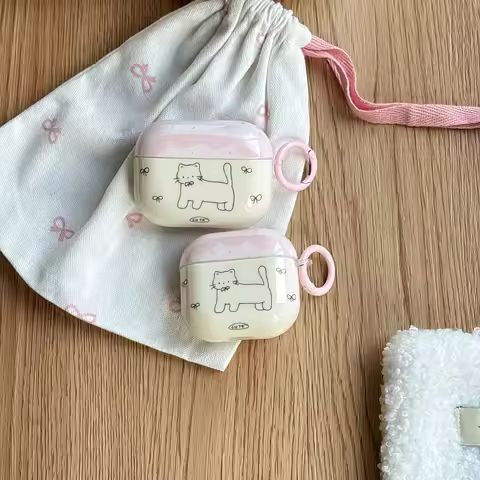 Chic Lovely Line Kitten Cat Bowknot Light Pink Earphone Case with Pink Ring Cover for AirPods 1 2 3 