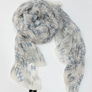 CHANEL 香奈兒 白藍 小香 須邊 圍巾 披肩 披巾 絲巾