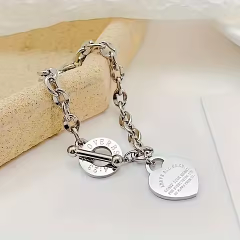 1pc Titanium Steel Bracelet With Heart Pendant Double Heart Buckle Couple Bracelet Unisex Wholesale 