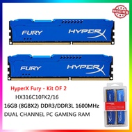 HyperX Fury 16GB (8GBX2) DDR3 1600MHz CL10 240-Pin หน่วยความจำเล่นเกมบนเดสก์ท็อป PC3-12800 1.5V DDR3L 1.35V 240พินชุดอุปกรณ์ DIMM 2ช่องสำหรับเล่นเกม PC RAM (HX316C10FK2/16) สีน้ำเงิน