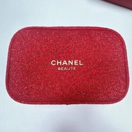 Chanel - CHANEL香奈儿專櫃布面細閃紅色網格布化妝袋化妝包手拿包收納包(平行進口)
