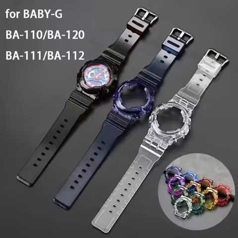 Case + Strap for Casio BABY-G BA-110 BA-120 BA-130 BA-111 BA-112 Transparent Sport Resin Watch Band 