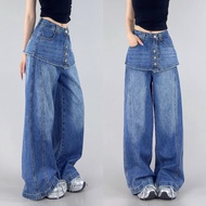 919 JEANS Korean Faux Two-Piece Jeans for Women High Waist Culottes & Wide Leg Trousers Loose Fit