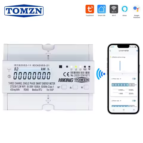 TOMZN WIFI Three Circuit Single Phase Energy Meter DTS238-7L3W 10(80)A 85-300V 50/60Hz kWh Watt Hour