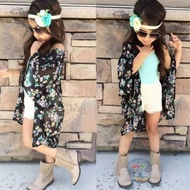 [ANGELBABYONLINESTORE] F1580 Style Girl Blue top + White Short + Flower Cardigan 3pcs (3y, 4y)