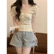 Áo Thun Tay Ngắn Ôm Vừa Vặn Cổ Chữ V Màu Xám Mùa Hè Cho Nữ Phong Cách Ballet Ren Gỗ Nơ Bướm Dài Thườ