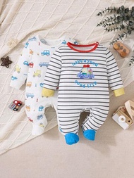 2 件裝幼兒男孩玩具車條紋印花連腳連身衣睡衣
