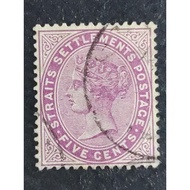 Straits Settlements 1882-99 Queen Victoria Wmk Crown CA 5c Magenta - 1pc Used Old Malaya Stamp / Set
