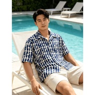L2615 Ready Stock Men Oversized Blue White Striped Tie Dye Cuban Collar Short Sleeve Casual Shirt