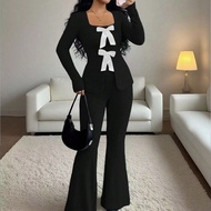 Women's Elegant Cloud-Like Fleece Ribbed Bowknot Collar Long Sleeve Cinched Waist Top And Flare Pant