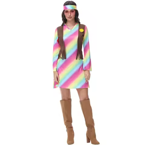 Women Vintage 70's Disco Costume Cosplay Indian Tassels Outfits Halloween 80's Hippies Music Festiva