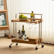 Medieval Small Cart Solid Wood Side Table Living Room Storage Coffee Table Sofa Mobile Cart Cherry W