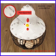 ✆ △ Large Stainless Steel Mesh-Wire Egg Storage BasketCeramic Farm Chicken Top and Handles