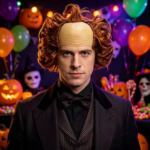 Brown Orange Premium Synthetic Fiber Short Curly Wig Balding Bald Head Cap with Ahoge Fluffy Volumin
