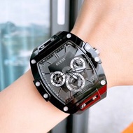 Guess手錶 蓋爾斯手錶男 大直徑手錶 石英錶 黑色紅色橡膠錶帶男包 歐美時尚潮流男錶 精品錶 休閒運動腕錶 GW0203G5 三眼計時防水手錶