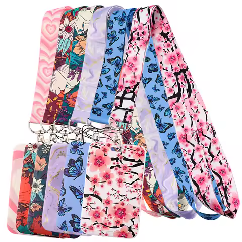 DZ1445 New Sakura Cherry Blossoms Flower lanyard card ID Badge Holder Keychain Pass Gym Mobile Kids 