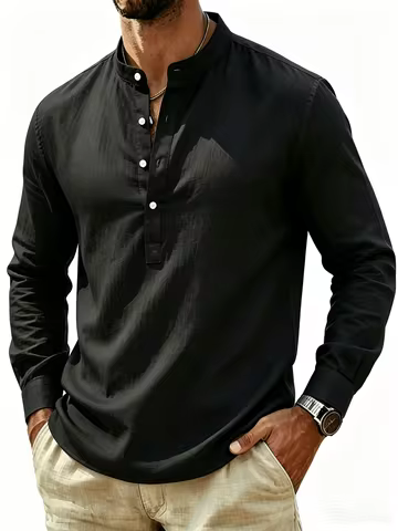 Men's Henley Collar Long Sleeve Shirt Lightweight Breathable Casual Linen Style Henley Shirt for Men